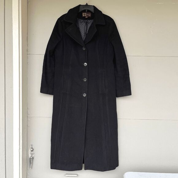 VTG Anne Klein Black Wool Cashmere Full Length Coat 14 A-Line Lined Button Front - Picture 1 of 12